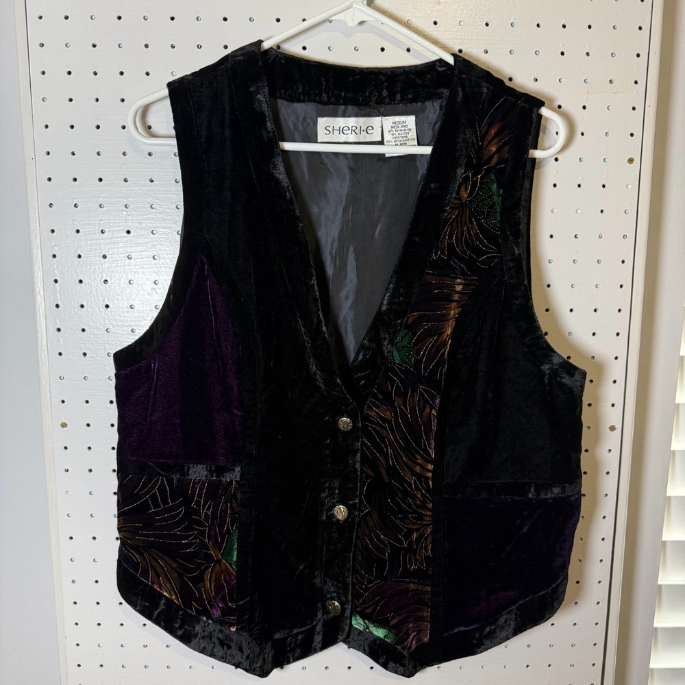 Vintage Sheri-e Vest Women's Medium Purple Black‎ Velvet Floral Patchwork Party